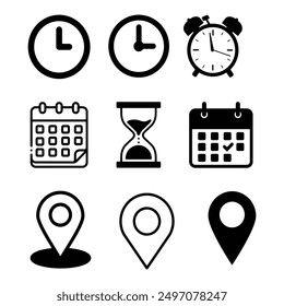 Time, date and address line icon set. Clock, calendar, location pin. Editable stroke. Vector illustration