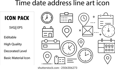 Conjunto de iconos de línea de hora, fecha y Dirección. Reloj, calendario, pin de ubicación. Trazo editable. Ilustración vectorial.