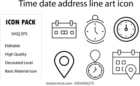 Conjunto de iconos de línea de hora, fecha y Dirección. Reloj, calendario, pin de ubicación. Trazo editable. Ilustración vectorial.