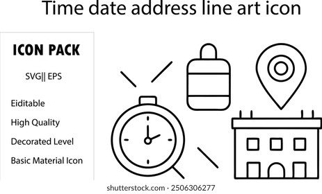 Conjunto de iconos de línea de hora, fecha y Dirección. Reloj, calendario, pin de ubicación. Trazo editable. Ilustración vectorial.