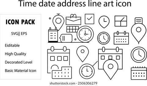 Conjunto de iconos de línea de hora, fecha y Dirección. Reloj, calendario, pin de ubicación. Trazo editable. Ilustración vectorial.