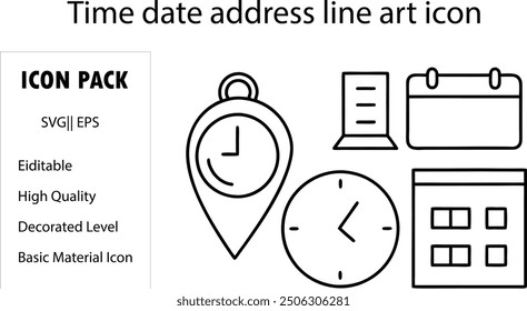 Conjunto de iconos de línea de hora, fecha y Dirección. Reloj, calendario, pin de ubicación. Trazo editable. Ilustración vectorial.