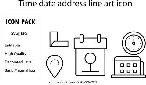 Conjunto de iconos de línea de hora, fecha y Dirección. Reloj, calendario, pin de ubicación. Trazo editable. Ilustración vectorial.