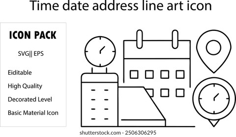 Conjunto de iconos de línea de hora, fecha y Dirección. Reloj, calendario, pin de ubicación. Trazo editable. Ilustración vectorial.