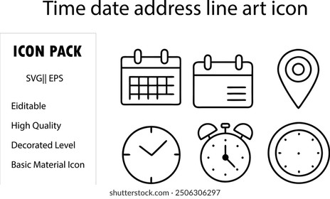 Conjunto de iconos de línea de hora, fecha y Dirección. Reloj, calendario, pin de ubicación. Trazo editable. Ilustración vectorial.