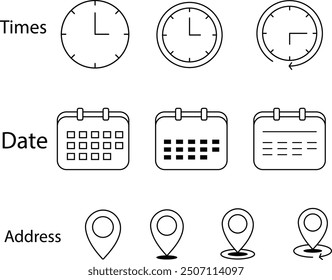 Conjunto de iconos de línea de hora, fecha y Dirección. Reloj, calendario, pin de ubicación. Trazo editable. Ilustración vectorial