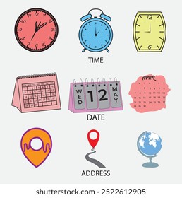 Conjunto de iconos de línea de hora, fecha y Dirección. Reloj, calendario, Vector de ubicación aislado sobre fondo blanco