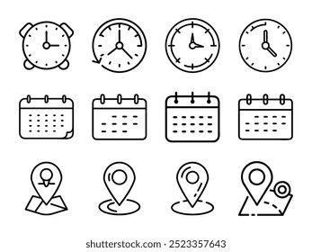 Conjunto de ícones de hora, data e endereço. Relógio, calendário, pino de localização. Ilustração vetorial.