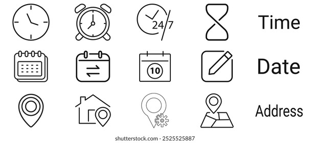 Conjunto de iconos de línea de hora, fecha y Dirección. Reloj, calendario, pin de ubicación. aislado sobre fondo blanco . Ilustración vectorial.