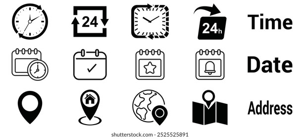 Conjunto de iconos de línea de hora, fecha y Dirección. Reloj, calendario, pin de ubicación. aislado sobre fondo blanco . Ilustración vectorial.