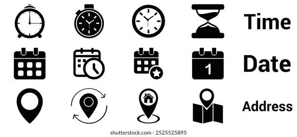 Conjunto de iconos de línea de hora, fecha y Dirección. Reloj, calendario, pin de ubicación. aislado sobre fondo blanco . Ilustración vectorial.