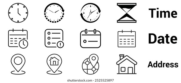 Conjunto de iconos de línea de hora, fecha y Dirección. Reloj, calendario, pin de ubicación. aislado sobre fondo blanco . Ilustración vectorial.