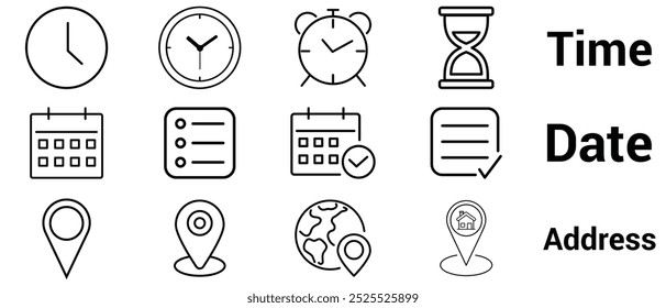 Conjunto de iconos de línea de hora, fecha y Dirección. Reloj, calendario, pin de ubicación. aislado sobre fondo blanco . Ilustración vectorial.