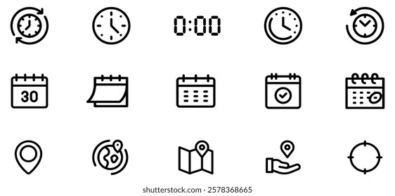 Time, date and address line icon set. Clock, calendar, location pin. Editable stroke. Vector illustration. EPS 10