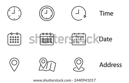 Time, date and address line icon set. Clock, calendar, location pin. Editable stroke. Vector illustration.