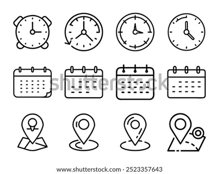 Time, date and address line icon set. Clock, calendar, location pin. Vector illustration.