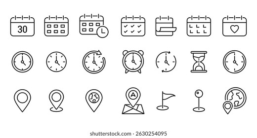 Time, date and address line icons set. calendar, clock, gps point, flag point, globe point  Containing hourglass, pin, stopwatch. Editable stroke for mobile and web. Isolated on white background.