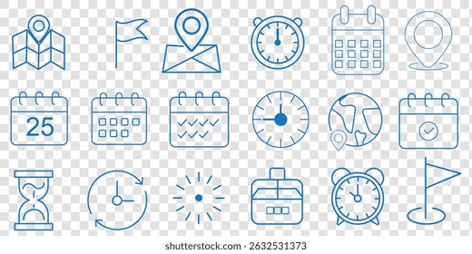 Time, date and address line icons set. Editable stroke for mobile and web. Isolated on white background. Vector illustration.