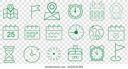 Time, date and address line icons set. Editable stroke for mobile and web. Isolated on white background. Vector illustration.