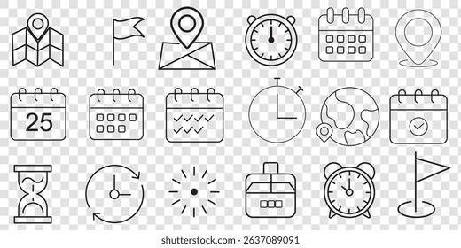 Time, date and address line icons set. Editable stroke for mobile and web. Isolated on white background. Vector illustration.