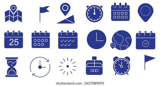 Time, date and address line icons set. Editable stroke for mobile and web. Isolated on white background. Vector illustration.