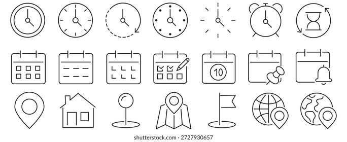 Time, date and address line icons set. calendar, clock, gps point, flag point, globe point Containing hourglass, pin, stopwatch. Editable stroke for mobile and web. Isolated on white background