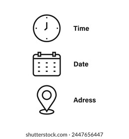 Time, date, address - location, contact - line icon set with editable stroke. Vector illustration.