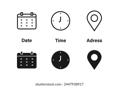 Time, date, address - location, contact - simple icon set.  Black and outline icons. Vector illustration.