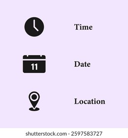 Time, date, address, location, contact, simple icon set. Black and outline icons. Vector illustration.