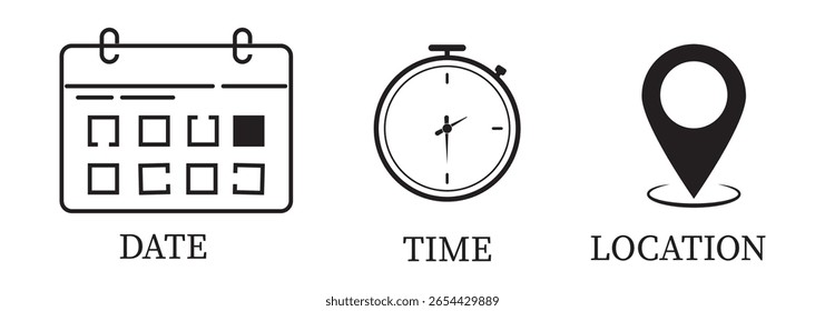 Zeit, Datum, Adresse und Standort Symbol Blau und Schwarz Farbe. Vektorgrafik, Symbol für Ereigniselemente. Datumssymbol, Zeitsymbol, Adresssymbol, Datumszeichen, Kalenderzeichen, Ortszeichen. EPS 10