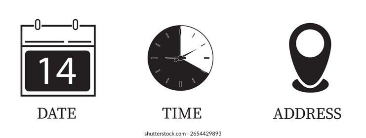 Time, Date, Address and Location icon Blue and Black color. Vector illustration, Event elements sign symbol. Date symbol, Time symbol , Address symbol, date sign, calendar sign, location sign. Eps 10