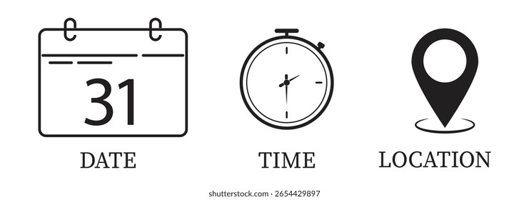 Zeit, Datum, Adresse und Standort Symbol Blau und Schwarz Farbe. Vektorgrafik, Symbol für Ereigniselemente. Datumssymbol, Zeitsymbol, Adresssymbol, Datumszeichen, Kalenderzeichen, Ortszeichen. EPS 10