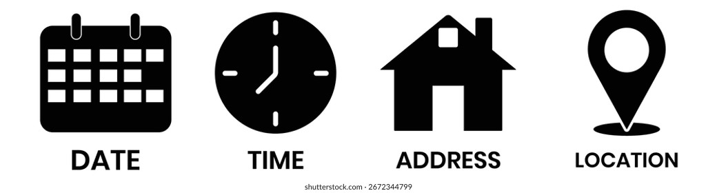 Hora, fecha, Dirección, conjunto de iconos de ubicación. Locación, calendario, Vector del reloj, diseño de la silueta para el App, logotipo, Sitio web. Ilustración vectorial.