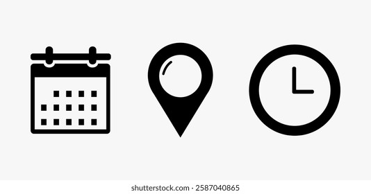 Time, date and address or location icons. Time, date and address vector collection