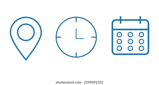 Time, date and address or location icons. Time, date and address vector collection. Time, date and location icon