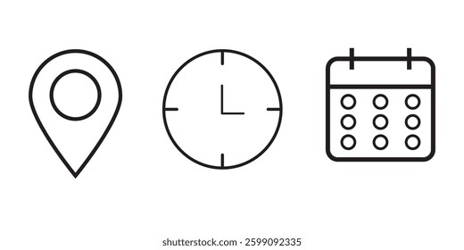 Time, date and address or location icons. Time, date and address vector collection. Time, date and location icon