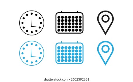 Time, date and address or location icons. Time, date and address or location vector icon set.