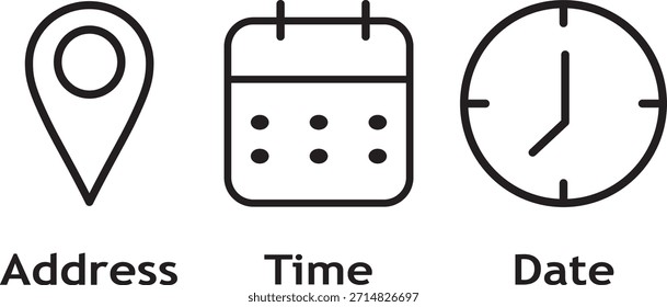Iconos de hora, fecha y Dirección o ubicación, símbolo de horario de negocios del reloj de recordatorio de calendario, iconos de campana,

