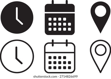 Iconos de hora, fecha y Dirección o ubicación, símbolo de horario de negocios del reloj de recordatorio de calendario, iconos de campana,
