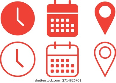 Ícones de hora, data e endereço ou local, símbolo de horário comercial do relógio de lembrete do calendário, ícones de sino Ilustrações simples planas,
