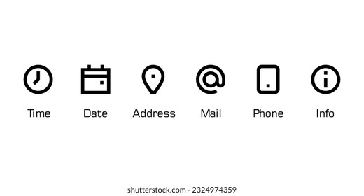 Iconos de línea vectorial Time, Date, Address, Mail, Phone e Info.