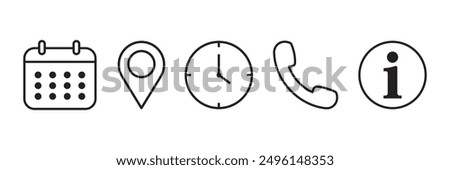 Time, Date, Address, Mail, Phone and Info vector line icons.  Contact us glyph icons.