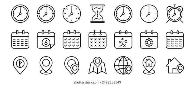 Time, date, address and navigation outline icons set. isolated on white background flat vector illustration.