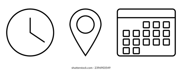 Iconos de esquema de hora, fecha y dirección. Ilustración del vector aislada en fondo blanco
