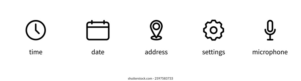 Time, date, address, place, settings, microphone. Set of buttons web design