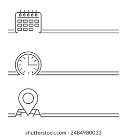 Time, date and address template , for some event, concert, seminar. With pictograms in thin line