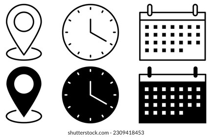 Time, date, and address vector icons. Event elements isolated on white background
