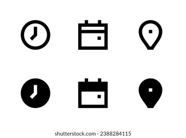 Time, Date and Address vector icons. Clock, Calendar and Location icon set.