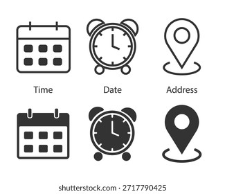 Time, Date and Address - vector icons for event invitation. Flat and linear editable stroke icons.