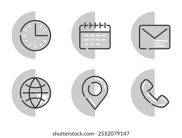 Hora, data, endereço e também web, e-mail e telefone - ícones definidos, para algum evento, concerto, seminário. Pictogramas em linha fina separada e em forma semicircular